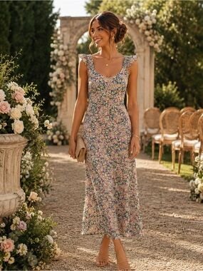 LOFT Floral Floral Midi Dress Ruffle Shoulder Sleeveless Multi Color Slit Size 6